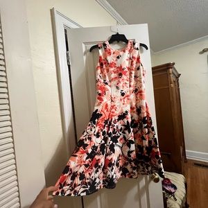 Peach orange black flowered full skirt dress